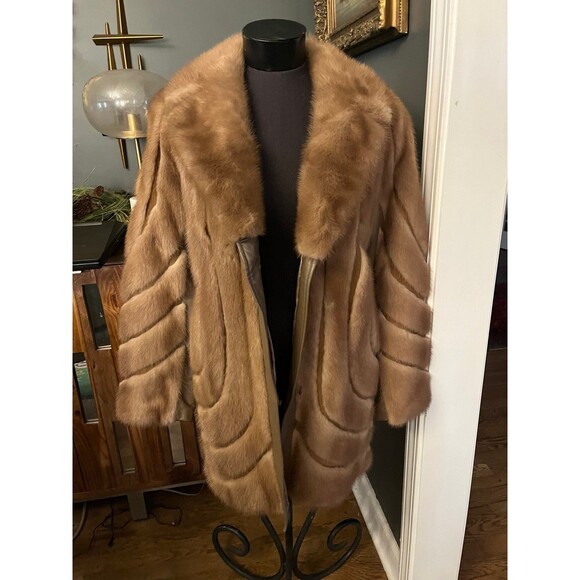 Vintage light brown Mink & Leather Coat Jacket Genuine Fur sz M - Picture 9 of 12